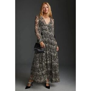 Anthropologie Marais Chiffon Rabbit Print Maxi Dress XXS Black White